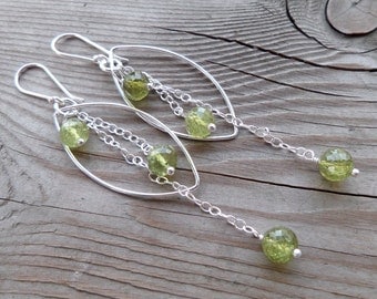 Sterling Silver Genuine Green Garnet Gemstone and Birthstone Dangle Earrings