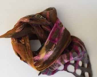 Nuno Felted, art to wear, scarf, exquisite chiffon silk and merino wool.