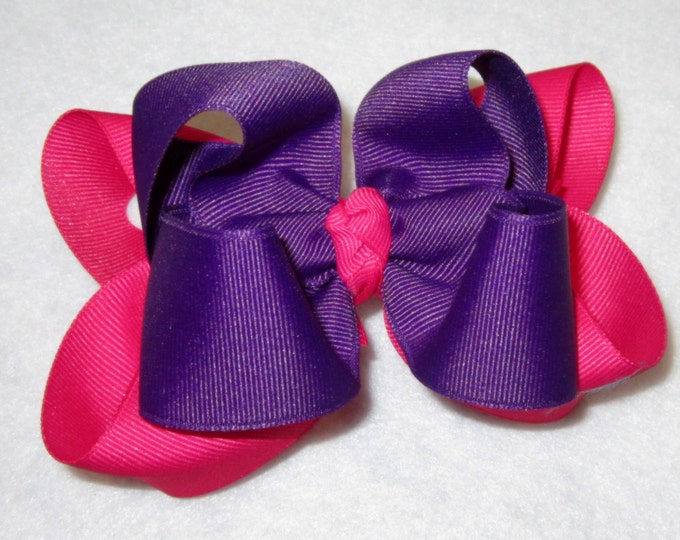 Boutique Hair Bow, Purple Bow, Pink Hairbow, Girls Hair Bows, Sugar Plum and Shocking Pink Layered Bow, Baby Bows, Girls Headband, 4 5 inch