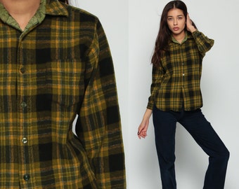 Wool Flannel Shirt Olive Green Plaid 70s Grunge Long Sleeve Button Up 1970s Vintage Lumberjack Hipster Checkered Retro Small Medium