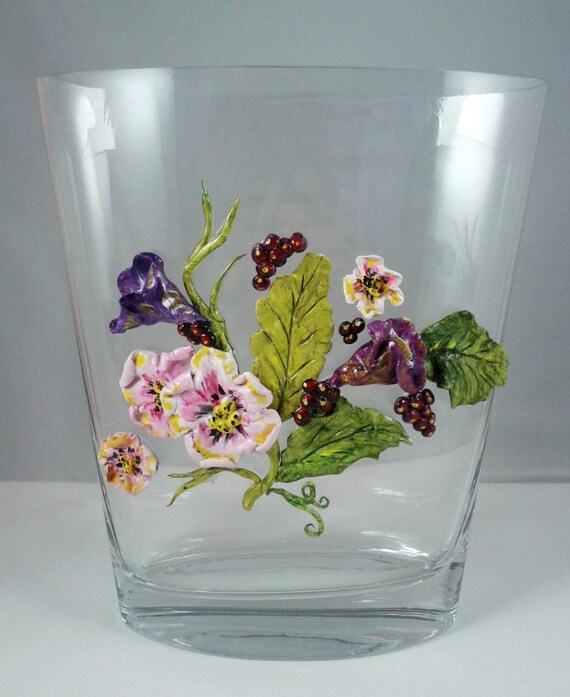Items similar to Oval Glass Vase with Hand Sculpted and Painted Flowers on Etsy