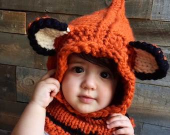Kids Fox Hat, Kids Fall Winter Hat, Fox Hoodie, Knit Cowl Fox, Animal Hat with ears, Animal Cowl, Knitted Fox Hood, Unique Kids Gift
