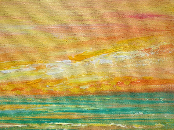 Small Original Beach Painting In Orange And Teal Beach Sunset