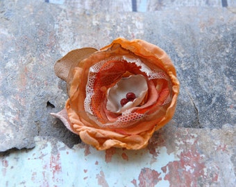 Fabric Rose Pin, Salmon Orange Rose Brooch, Dress Flower, Tagt