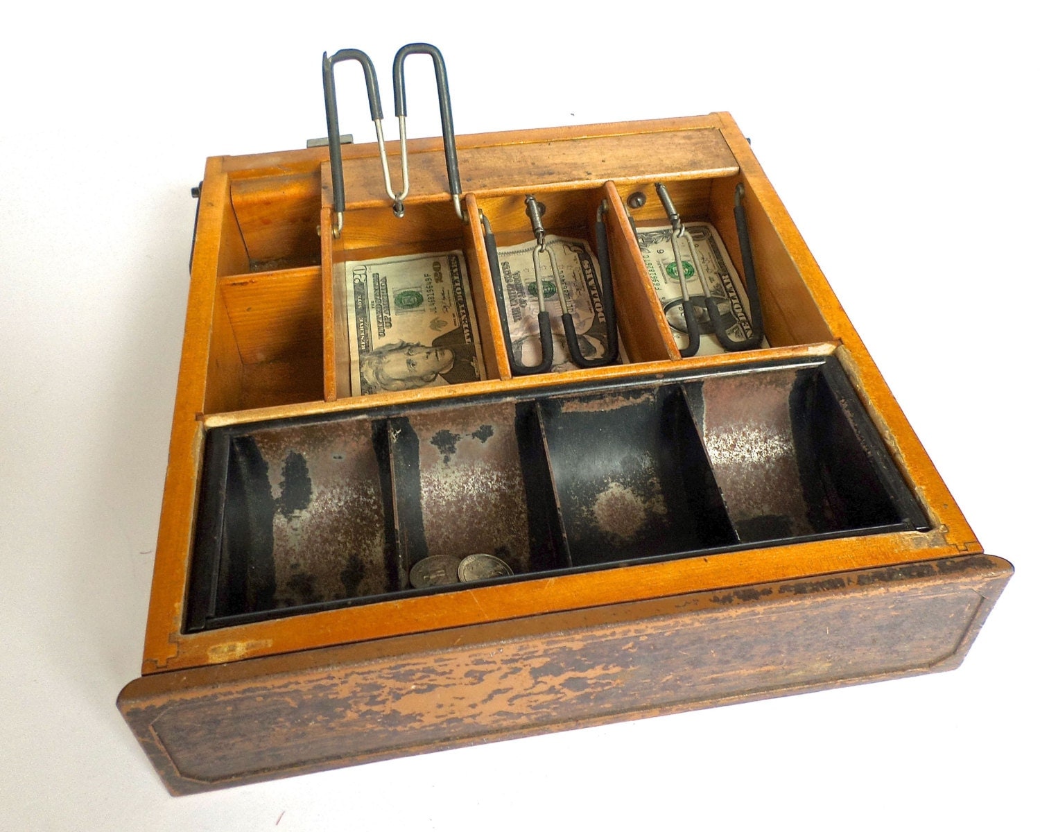 antique wooden five pocket cash drawer