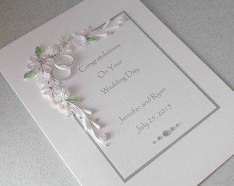 Quilled wedding day congratulations card, personalised, name and date, quilling, handmade