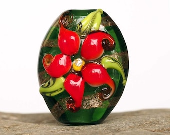 Green Floral Focal Lampwork Glass Bead
