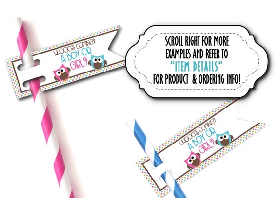 12 Flags for Straws, Sucker or Lollipop Sticks, Cake Pop Sticks, Baby Gender Reveal Party, Baby Shower, Pink & Blue Baby Owls Il_570xn