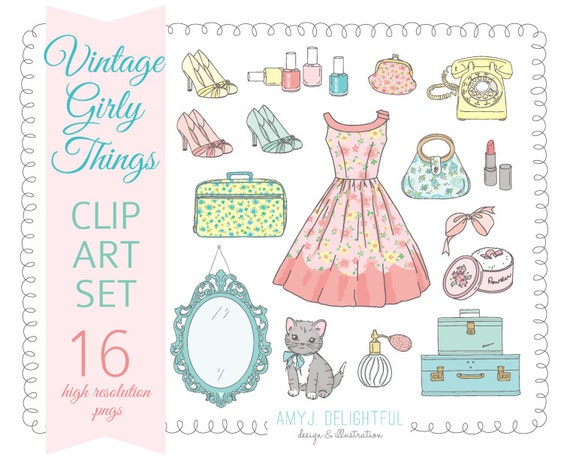 Vintage Girly Things CLIP ART SET for personal and commercial