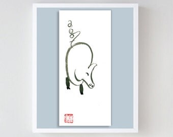 Sweet Pig, Year of the Pig, Chinese Zodiac, Original Zen Sumi Ink Painting, zen japanese scroll zen decor, childrens nursery room art, tao