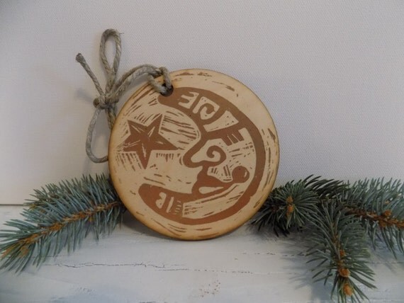 Moon and Star Christmas Ornament - linocut relief print on wood