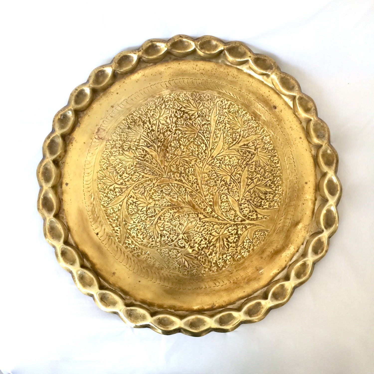 Large Round Brass Serving tray with scalloped edging