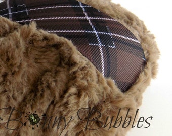 BROWN Body Powder Duster | brown plush and plaid | masculine | powder puff for Men | gift box option | by Bonny Bubbles