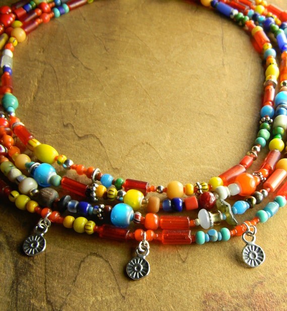 Tribal Jewelry African Necklace Colorful Trade Beads Sterling