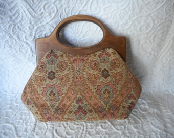 Vintage Empress Floral Tapestry Purse/Handbag with Wooden Handle
