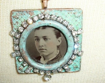 Tintype Necklace-Rhinestone Necklace Handmade Necklace-Artisan Necklace-Victorian-Vintage Necklace-Gift For Her