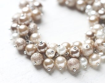 Bridesmaid Jewelry Pearl Cluster Bracelet - White Chocolate, Nude Color Cream Beige Fall Wedding