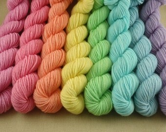 Mini Skeins Pastel Rainbow - Set of 8 - Hand Dyed Sport Weight Yarn - 100% Non Superwash Merino Wool