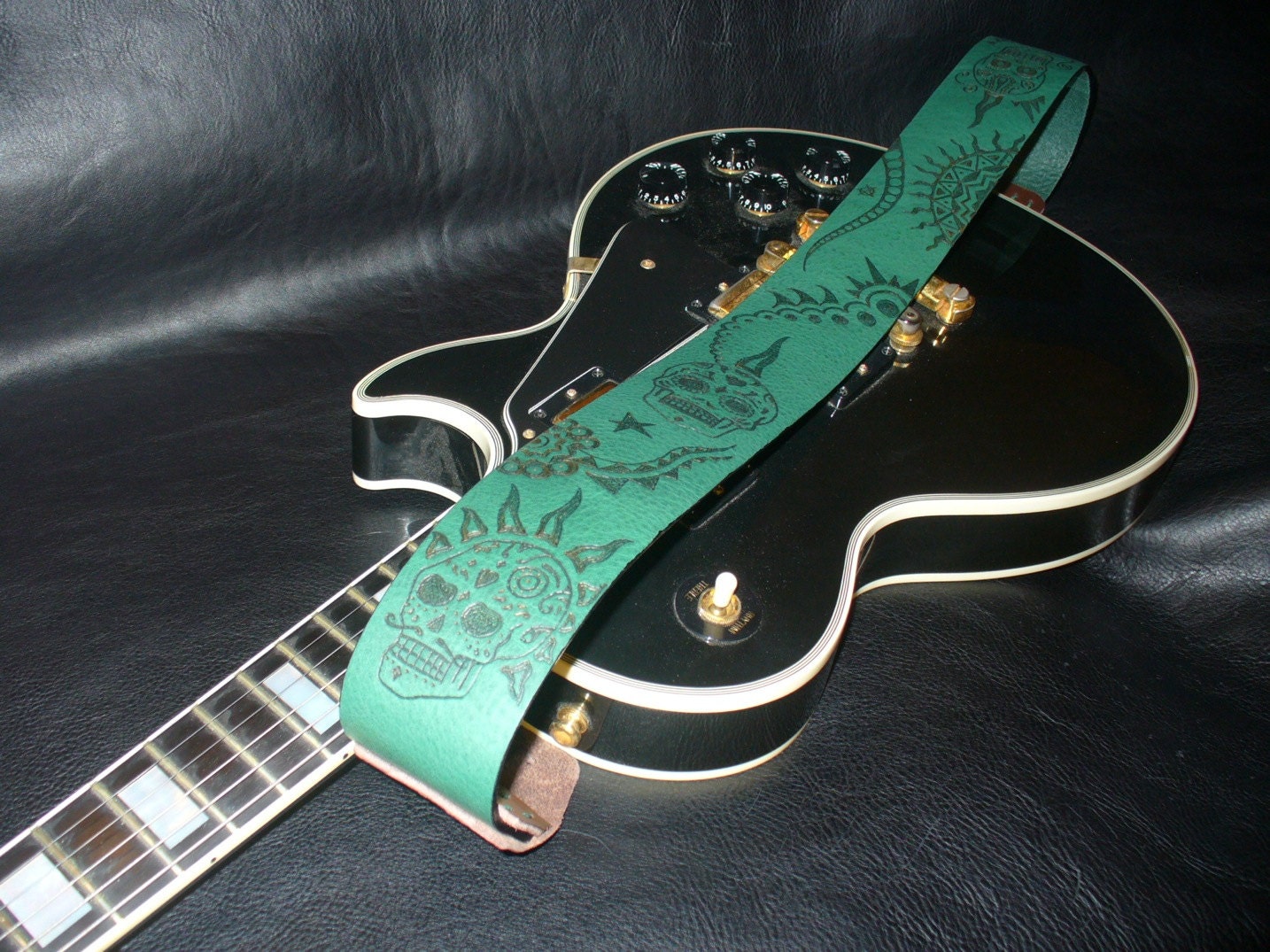 Handmade Green Leather Guitar Strap. Mexican