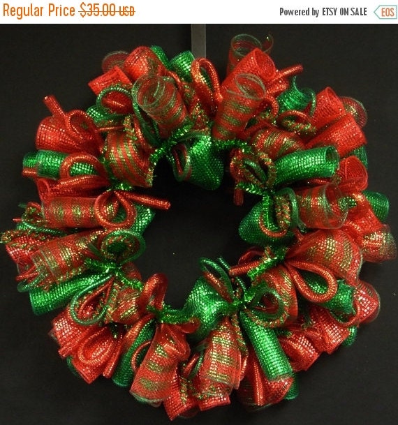 HOLIDAY SALE CLEARANCE Sale - Red Emerald Green Xmas Wreath, Christmas Wreaths, Red Emerald Green Wreaths, Deco Mesh Wreaths Item 1409