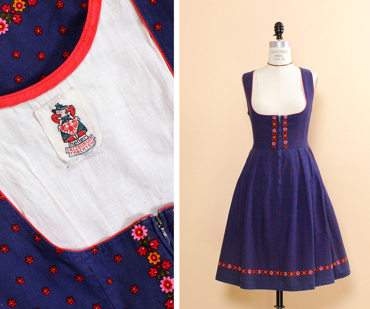 Blue Dirndl Dress S Austrian Dress Floral Cotton Dress