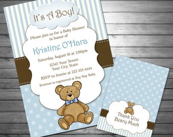 Boy Teddy Bear Baby Shower Invitation, Teddy Bear Thank You Card INCLUDED, Printable File, Blue, Teddy Bear, Stripes, Baby Boy, Blue & Brown