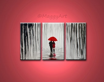 large abstract painting,original wall art,winter rain,walk in rain,love couple,black white red,54x36inch stretched canvas,MADE TO ORDER