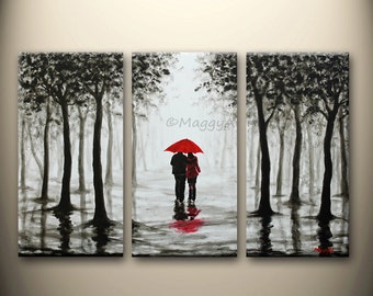 large original painting,wall art,home decor,red umbrella,walk in rain,love couple,black white red,54x36inch stretched canvas,MADE TO ORDER