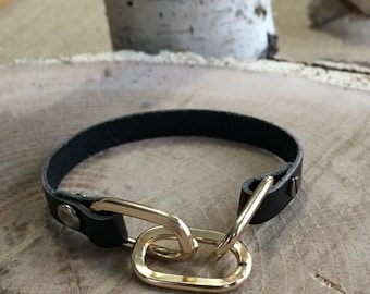 Black leather bracelet with aluminum chain