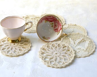 Cup Coasters home decor, Vintage Antique lace Crochet elegant coasters. Shabby chic Coffe Tee coasters, Set of 6 elegant pieces by Mintook.