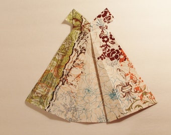 Large Origami Dress with brown orange green teal floral and fleur de lis 10" x 11"