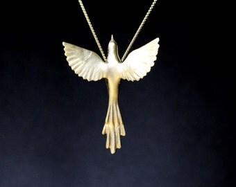 Phoenix bird necklace easter jewelry exotic bird, Greek mythology, necklace sterling silver pendant, open wings hand carved