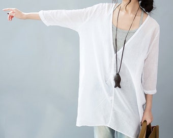Loose Fitting thin sheer cotton Shirt Blouse for Women -long sleeved - Women Clothing (R)