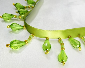 Peridot Olive Green and Gold Short Beaded Fringe Trim Alternating Lengths Faceted Teardrop Beaded Decorator Trim