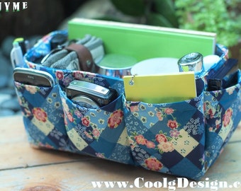 Purse organizer insert multi-pocket for handbag blue floral Large 25x10 cm
