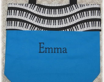 Piano personalized music lesson book bag Turquoise wavy keyboard canvas student birthday recital kids children musician gift idea