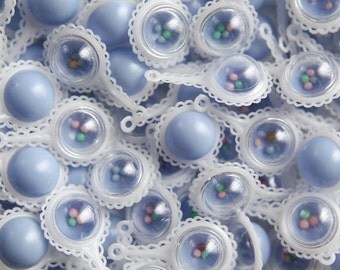 Miniature Baby Rattle Charms - Blue Plastic Vintage-Style Baby Shower Embellishments, 10 Pcs.