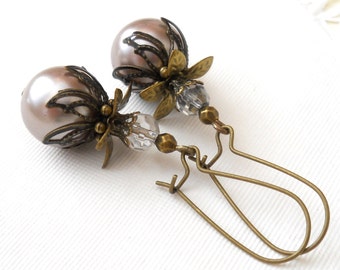 champagne pearl boho earrings dangle earrings champagne pearls dangle earrings brass earrings beaded pearl earrings