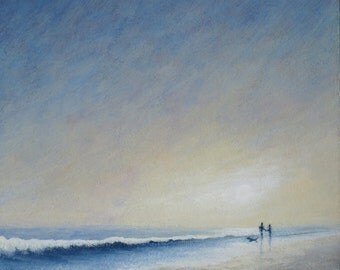 Original acrylic painting evening walkies at the beach walking the dog by the ocean sunset