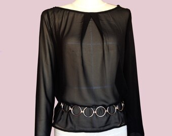 Black Chiffon tunic. Transparent long sleeve tunic. mousseline fabric bloue