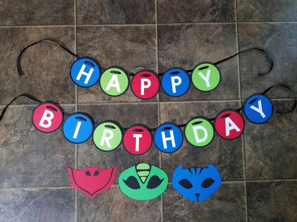 PJ Masks Happy Birthday banner diecut cardstock with emblems