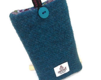 teal blue Harris Tweed iPhone SE, 5, 5S, case, tweed phone cover, made in Scotland