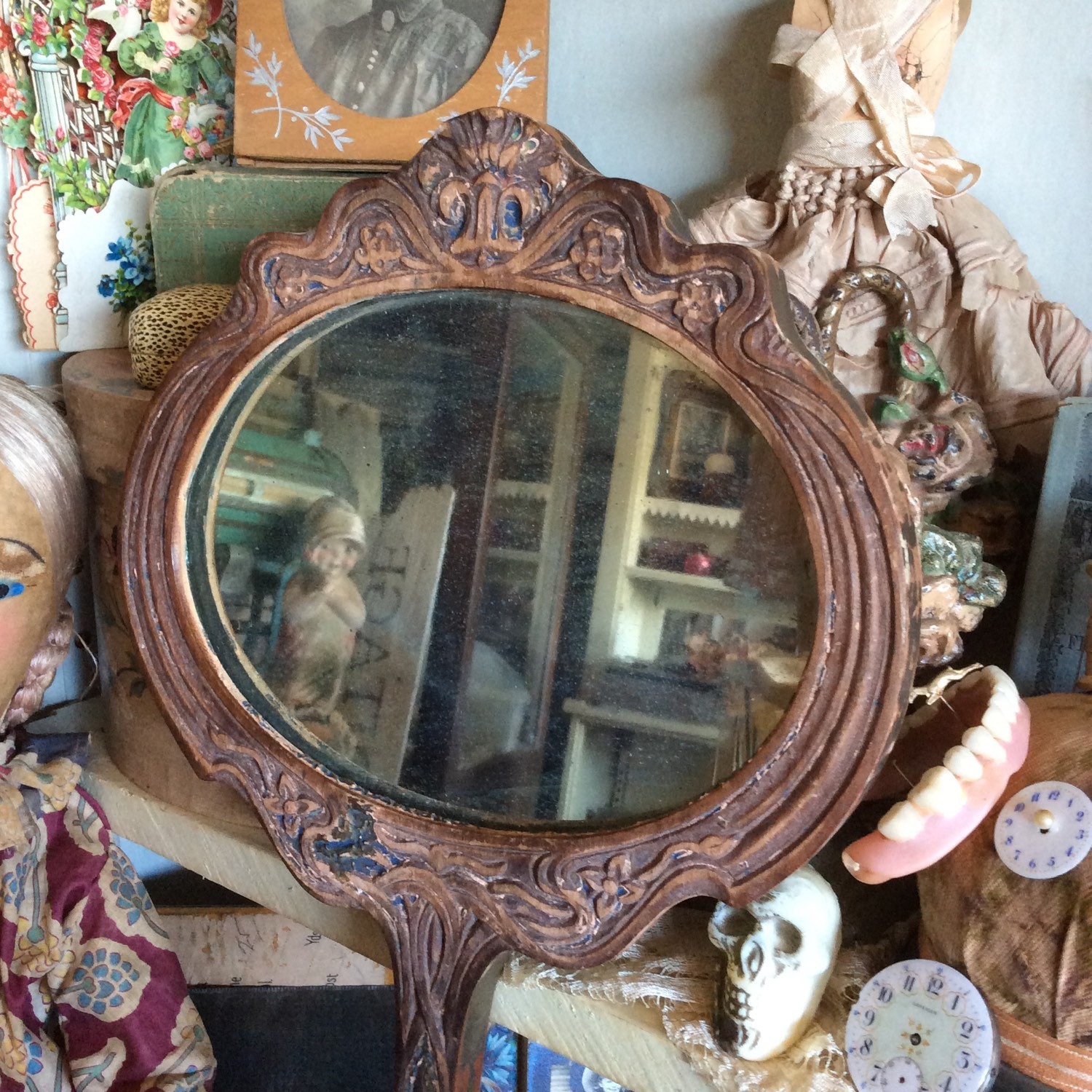 vintage wood hand mirror