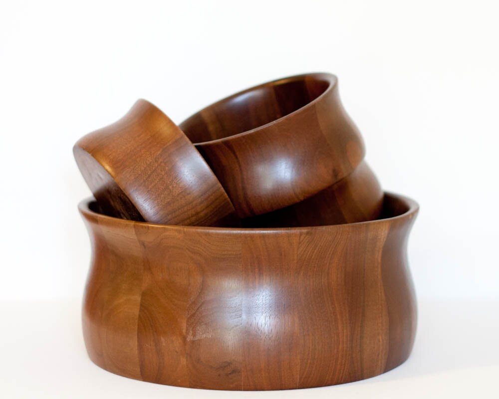 Vintage wooden walnut bowl set, snack set with large serving bowl and
