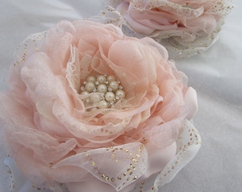 Blush fabric flower, Blush and Gold organza flower, Bridal or Bridesmaids hair flower, wedding flower, Pink and champagne cake topper