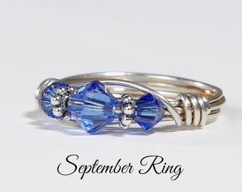 September Birthstone Ring: Handmade Sterling Silver September Birthstone Ring made with Sapphire Swarovski Crystals. Birthday gift for her