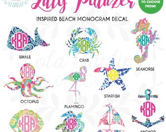 Lilly Pulitzer Inspired Beach Monogram Vinyl Decal 2"-6"