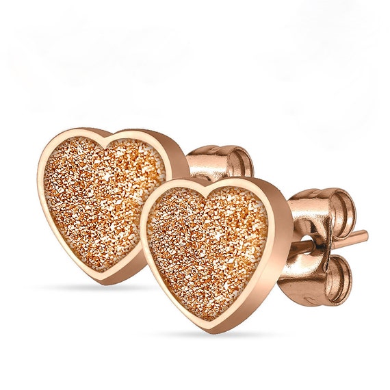 Heart Rose Gold Stud Earrings Post Earrings Glitter Heart