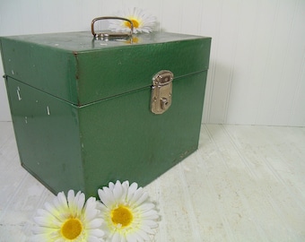Vintage Hammered Metal Aqua Green OverSized File Box - Challenged Well Used Extra Large Carry All BoHo Industrial Decorative Turquoise Case
