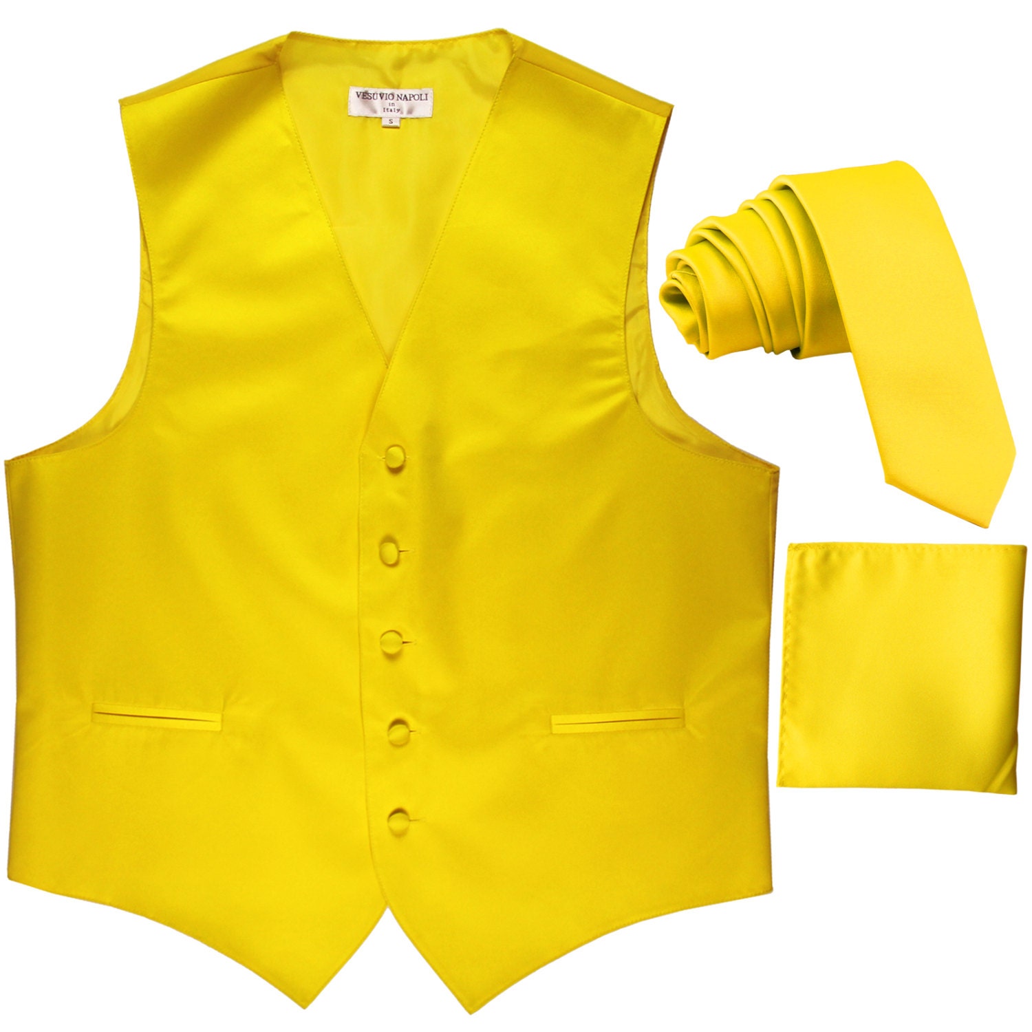 Men's Solid Yellow Polyester Tuxedo Vest with Self Tie